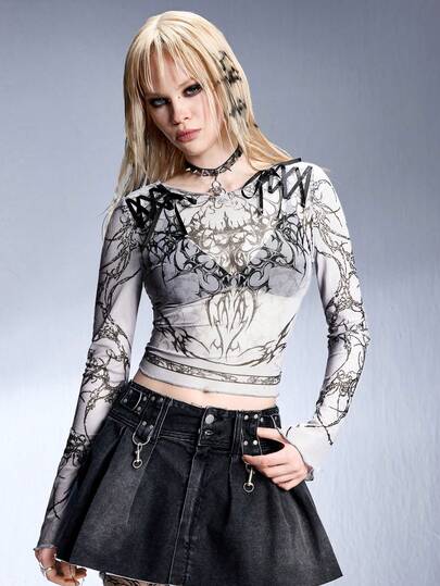 Grunge Punk Y3K Cybersigilism Print Mesh Sheer Fitted Top