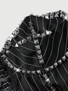 ROMWE J-Fashion 女士Y2K铆钉条纹系带时尚抹胸上衣 - 黑色 - 查看 4