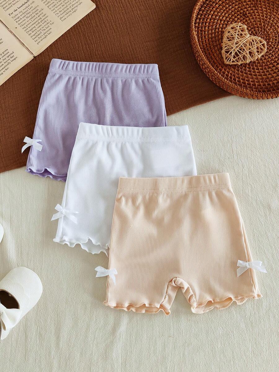 SHEIN Vintaside Kids 3件套女婴0-3岁春夏新款休闲运动弹力罗纹针织柔软柔和色调三件套修身短裤,适合居家和户外穿着 - 彩色 - 查看 1