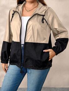 EMERY ROSE 大码女式拼色连帽抽绳拉链休闲夹克 - 卡其色 - 查看 1