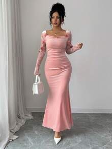 Elenzga 女士优雅时尚通勤休闲舒适迷人复古简约高端浪漫假日温柔淑女长袖蕾丝拼接天鹅绒美人鱼长裙，肩部饰有花朵，纯色 - 粉色 - 查看 7