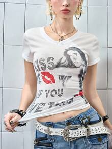 ROMWE Women's Kpop Christmas & Valentine's Day Slogan V-Neck Fitted T-Shirt - White - View 7