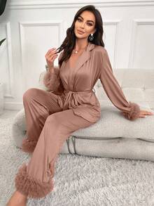 Slumberist 女士网纱拼接缎面睡衣套装，秋季服装，舒适优雅细节，冬季 - 駝色 - 查看 8