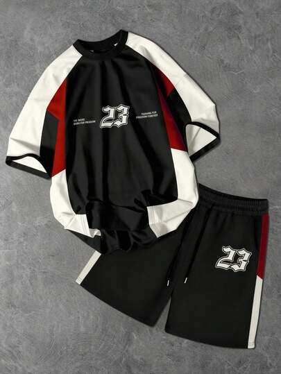  Aesthetic Post--Short Sleeve Shorts 2 Pieces Set - 00001, Fashionable And Suitable For Summer, Men's Summer Sweatsuit, Men's Two Piece Shorts Set, 23 Number Sweatsuit