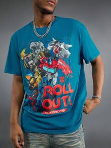 Transformers X SHEIN 1pc Men's Casual Fashion Street Daily Commute Cartoon Robot & Letter Graphic Loose Fit T-Shirt, Summer - Blue - View 6