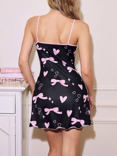 SweetSlumber Valentine's Day Cute Bow & Heart Print Y2K Style Camisole Nightgown For Women view 2