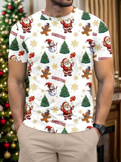 Manfinity Homme Weihnachtlich süßer Weihnachtsmann, Weihnachtsbaum, Schneemann Element modischer lässiger Allover-Muster Herren Standard Passform Kurzarm T-Shirt, warme Familienatmosphäre passende Familie/Paar Outfits