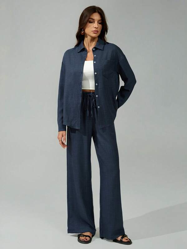 SHEIN Tall 2 Pieces Women Summer/Autumn Outfit, Daily Casual Homewear Set, Beach Vacation Outfit - Long Pants + Long Sleeve Shirt, Brunch Outfit, Music Festival Set, Elegant Party Business Casual Suit, Tall Version