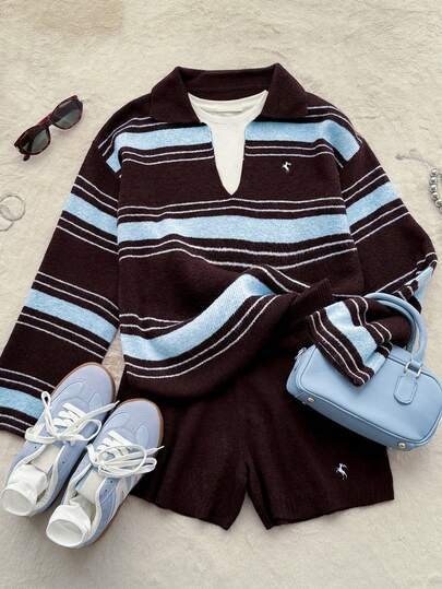 Muvela 女士 Polo 领长袖条纹羊毛衫短裤两件套，保暖舒适，精致刺绣，复古学院风，休闲日常穿着，返校季，下午茶，复古韵味，秋季必备