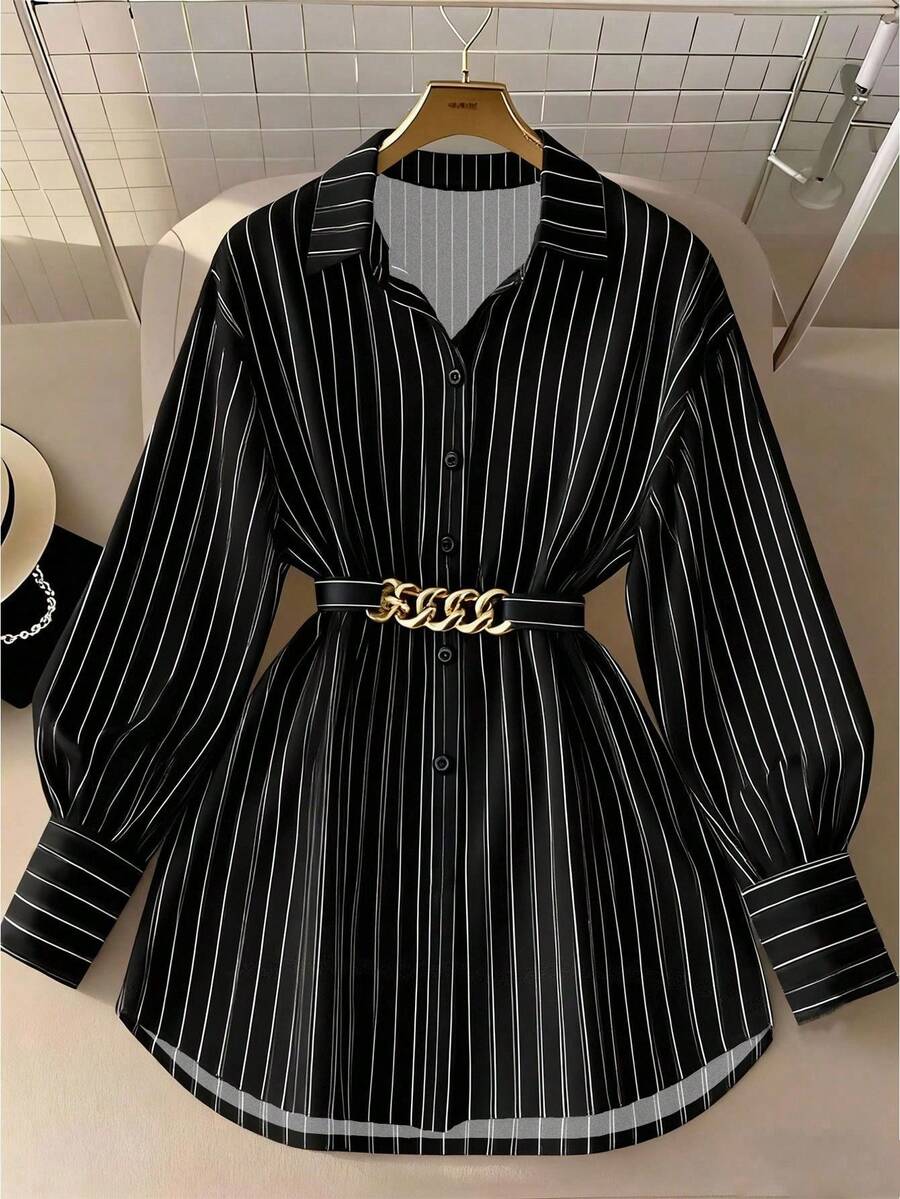 Franclia Áo sơ mi cổ bẻ họa tiết sọc dọc phong cách đi làm thường ngày cho nữ (có thắt lưng) - màu đen - Xem 1