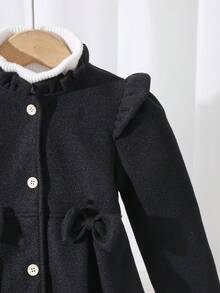 Elladie kids 女童秋冬甜美公主风浅蜜桃色荷叶边领蝴蝶结装饰中长款外套，韩版甜美风羊毛外套，适合日常上学、家庭休闲、节日聚会（如生日派对、新年拜访等），实用又时尚 - 黑色 - 查看 5