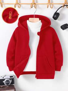 SHEIN 小男孩休闲夹克 Wtt 官方网站，男孩冬季外套，连帽拉链运动衫，学校，基本款上衣，冬季上衣，适合春季、夏季、秋季、冬季学校、花园、海滩、生日 - 紅色 - 查看 2