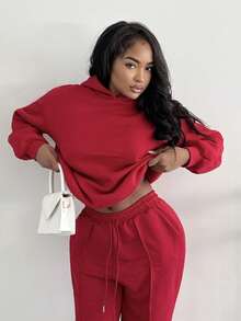 Alexandranx Summer Outfits Women's Simple Casual Solid Color Pullover Hooded Long Sleeve Hoodie Without Drawstring Oversize Fall Clothes Winter Clothes - Red - View 3