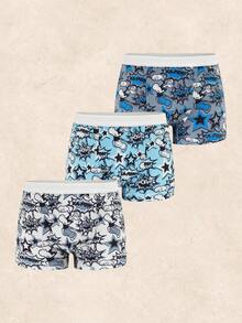 Popeye X SHEIN 3pcs Young Boy Blue & White Comfortable Soft Cartoon Star Pattern Trunks Graphic Boxers Little Boys Underwear Boys Boxers - Blue and White - View 1