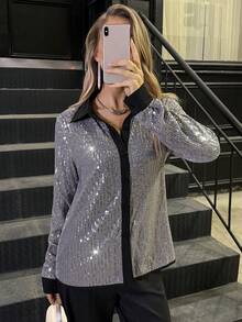 Elyressa Áo cánh đính sequin dự tiệc âm nhạc thời trang nữ - Bạc - Xem 1