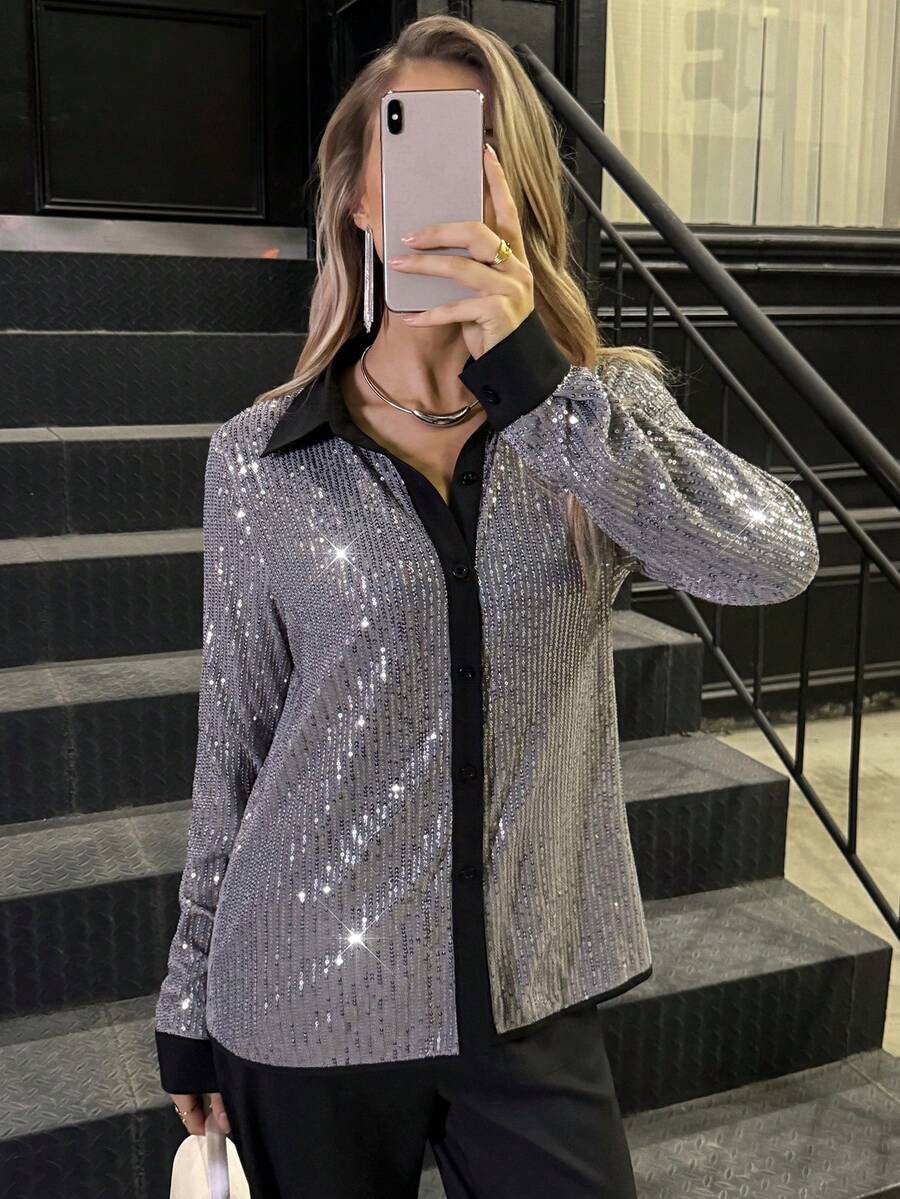 Elyressa Áo cánh đính sequin dự tiệc âm nhạc thời trang nữ - Bạc - Xem 1