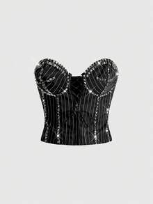 ROMWE J-Fashion 女士Y2K铆钉条纹系带时尚抹胸上衣 - 黑色 - 查看 1