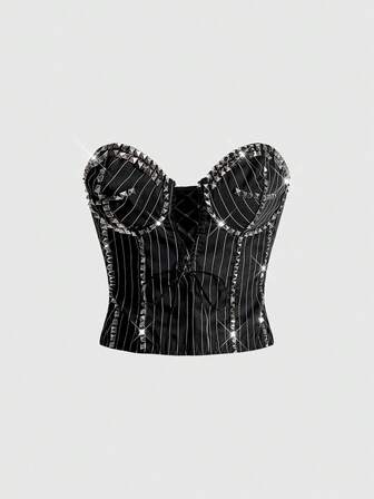 J-Fashion Women's Y2K Studded Striped Tie-Up Design Fashionable Bandeau Top