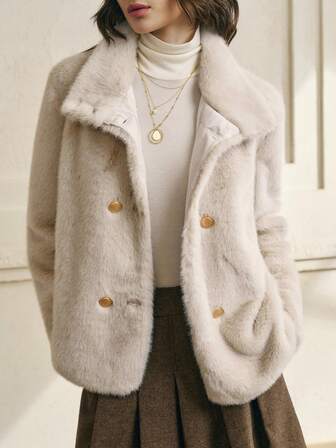 Cévolie 女士双排扣狐狸毛大衣