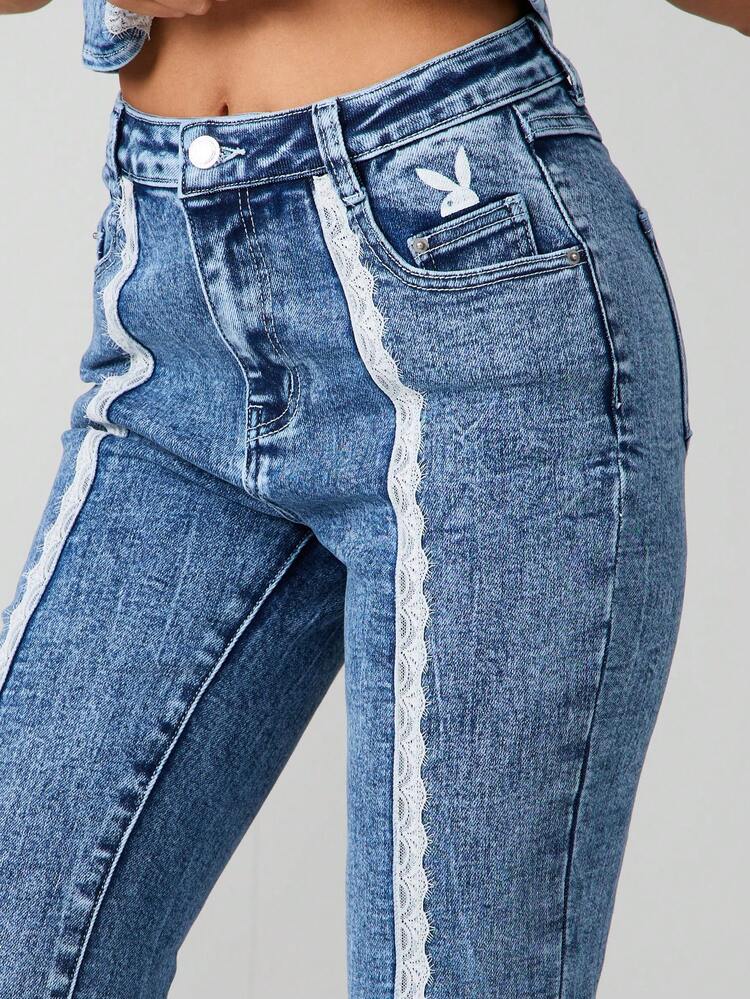 Missguided x Playboy High Waisted Flared Denim Jeans With Print For Festival Party Wear
