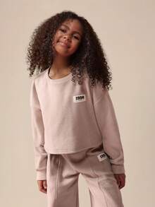 SUMWON Conjunto coordinado de sudadera con capucha con parche y pantalones de pierna ancha para niñas preadolescentes, atuendo casual - Albaricoque - Ver 3