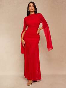 Silquee 女士长袖圆领网纱连衣裙，适合秋季穿着 - 紅色 - 查看 4