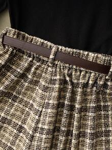 Franclia 女款秋季優雅辦公兩件套，黑色針織高領上衣搭配格紋迷你裙附腰帶，冬季套裝，黑色與米色 - 彩色 - 查看 7