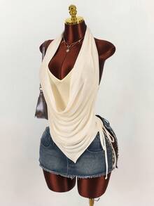 Amplova Y2K Women's Draped Neck Double Layer Blouse With Asymmetric Hem And Side Ruching Draped Top Fashion Cream Women Woman Scarf Top,Party Dresses For Women - Apricot - View 1