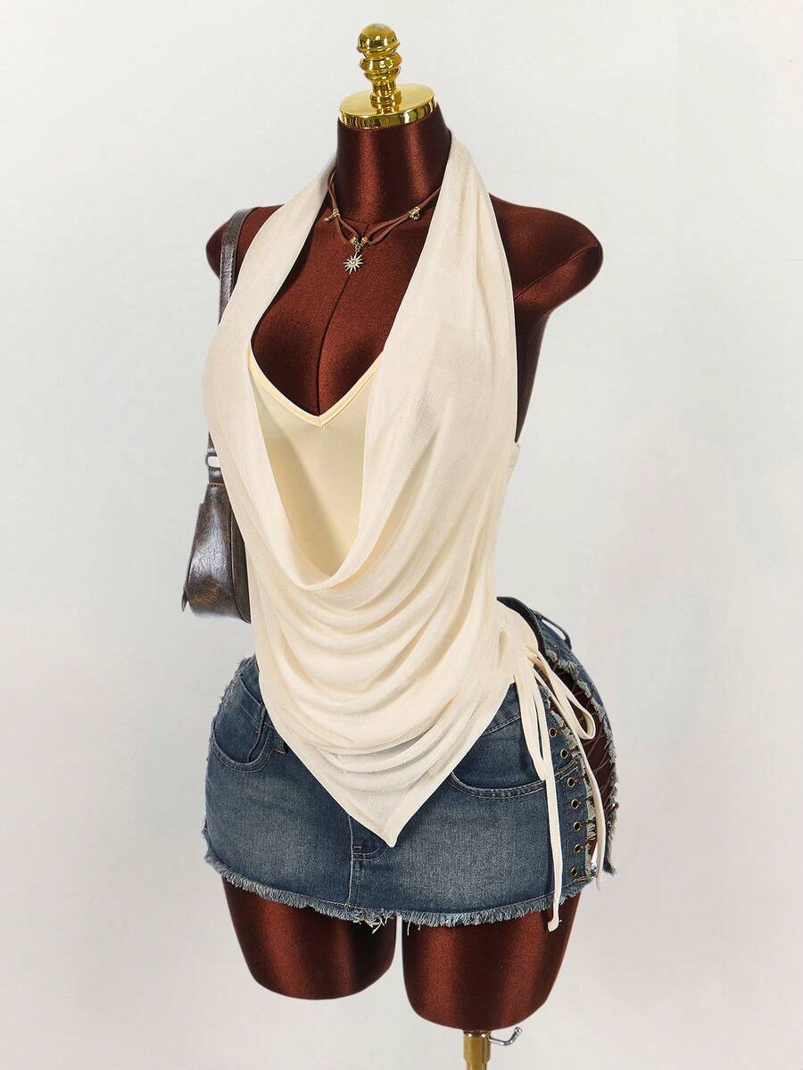 Amplova Y2K Women's Draped Neck Double Layer Blouse With Asymmetric Hem And Side Ruching Draped Top Fashion Cream Women Woman Scarf Top,Party Dresses For Women - Apricot - View 1