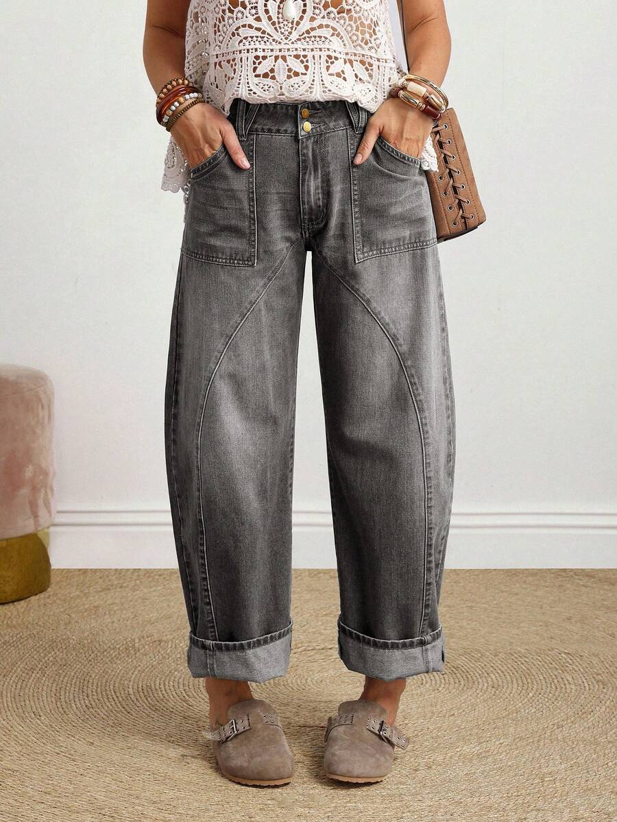 EMERY ROSE Denim Casuais Soltos com Bolsos e Babados para Mulheres Plus Size