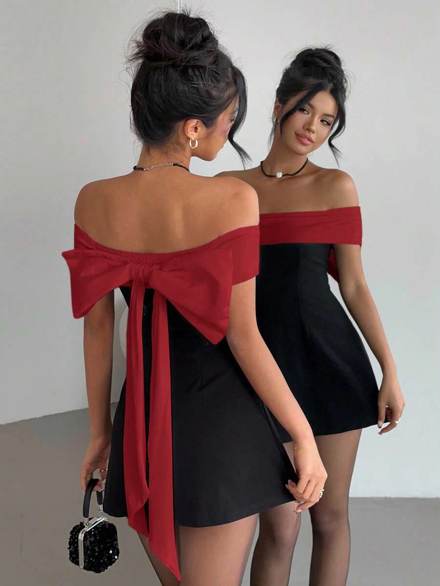 Aloruh Valentine's Day Off Shoulder Black & White Bowknot Dress,Dresses For Women Elegant - Red and Black - View 1