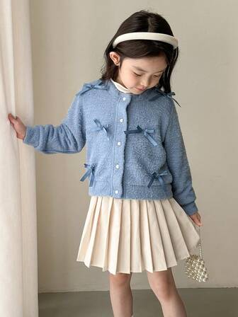 Genkimix Kids 2pcs Young Girls' Early Autumn Navy Blue Solid Color Knit Cardigan Soft Sweater Jacket And Apricot Pleated Skirt, Suitable For Outings, School Season, Also Suitable For Spring And Autumn