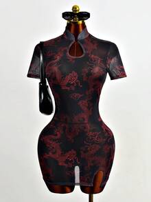 Mistrie Dragon Print Mesh Bodycon Mini Dress For Women,Red And Black,Summer,Seductive,Club Night Elegant Party Dresses,New Year's Eve Outfit,Black Skirt - Red - View 3