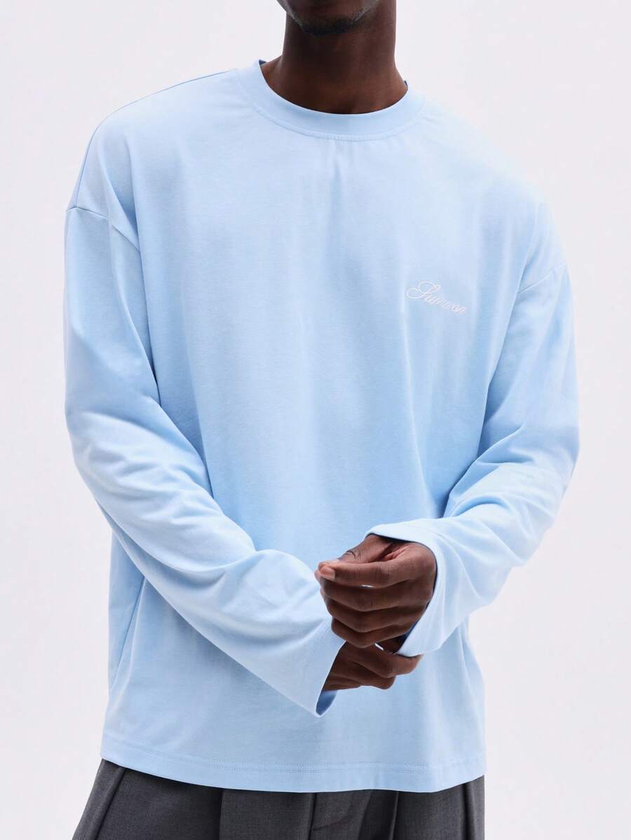 SUMWON Slim Fit Long Sleeve Crew Neck T-Shirt With Script Logo Casual Everyday Comfort Tee - Baby Blue - View 1