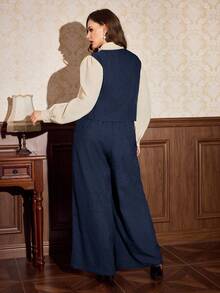 Vintamour 大码女士复古套装，卡其色套装，复古女士两件套套装，通勤办公服装，女士秋季套装，秋季两件套 - 藏蓝色 - 查看 3