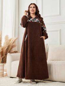 Lacomfia Casual Fuzzy Patchwork Print Zip-Up Collar Long Sleeve Loose Regular Autumn/Winter Plus Size Dress - Multicolor - View 6