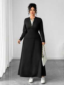 Elenzga Plus Size Women Elegant Casual Color Block V-Neck Long Sleeve Top And Skirt 2 Pieces Set - Black - View 1