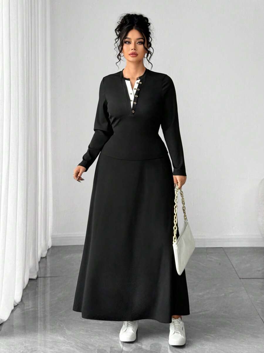 Elenzga Plus Size Women Elegant Casual Color Block V-Neck Long Sleeve Top And Skirt 2 Pieces Set - Black - View 1