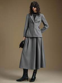 Ontre Women's Elegant Gray Business Corporate Office Suit Set,Summer Soft TR Fabric Slim Fit Blazer & Pleated A-Line Skirt,High-End Vintage Commuter Outfit - Grey - View 4