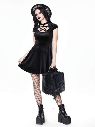Goth Gothic Hollow Out Pentagram Front Velvet Dress