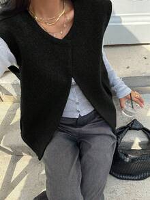 Serisse Veste sans manches en laine à col rond décontractée pour femmes, automne/hiver - Noir - Voir 4