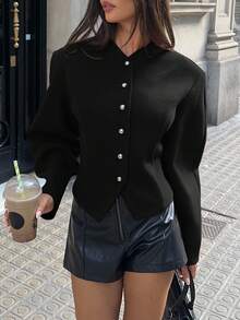 Aloruh 女士纯色长袖单排扣休闲外套，秋冬季 - 黑色 - 查看 8