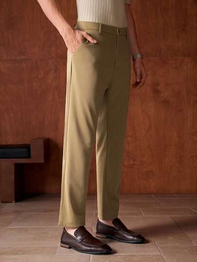 Officeau 1pc Men's Classic Business Trousers, Solid Color Stretch Suit Pants, Straight Leg Casual Old Money Men's Dress Pants