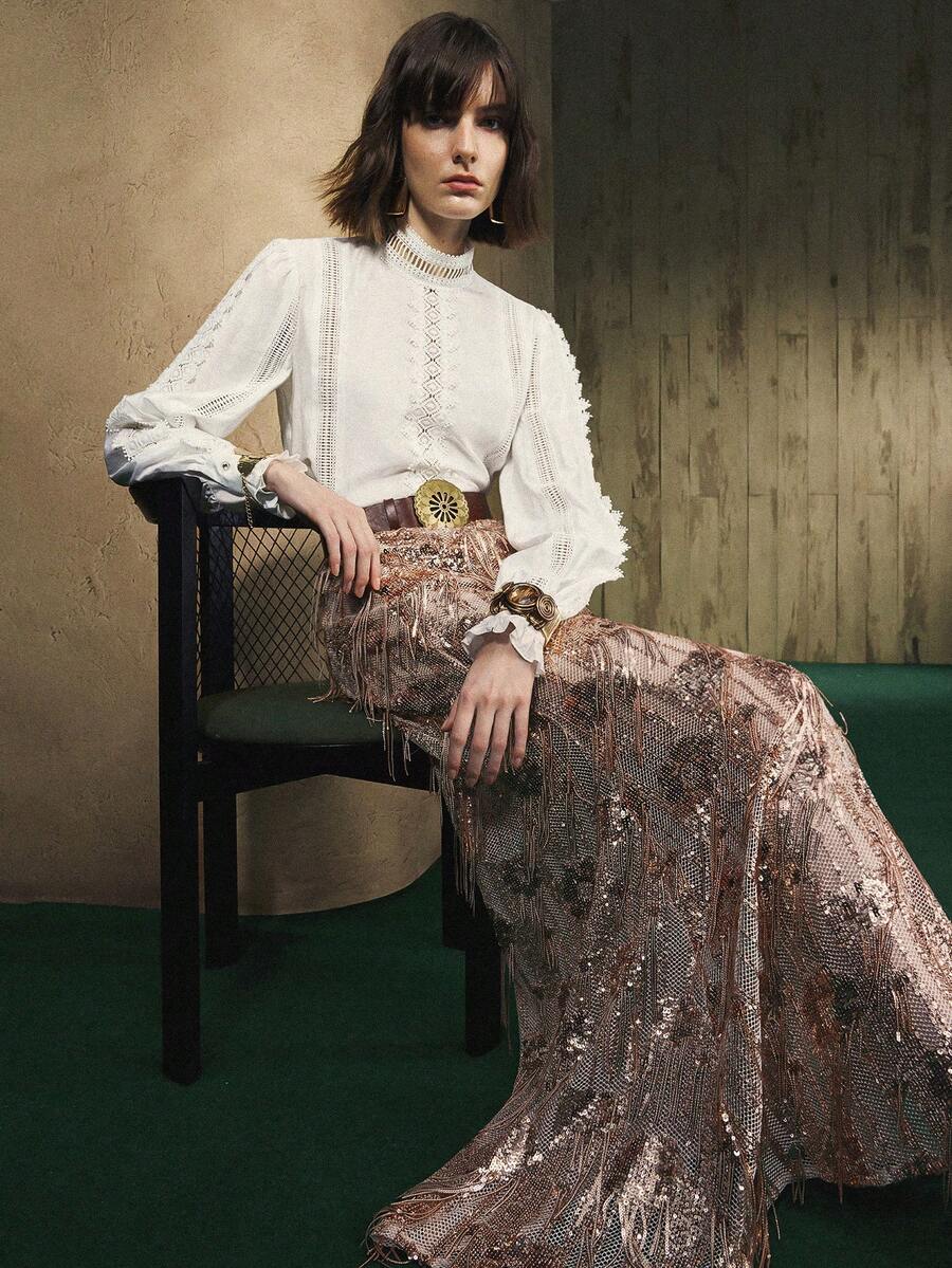 Arave Damen Gewebter einfarbiger Baumwollstoff Cut Out Trichter Kragen Rüschen Saum Patchwork Design Lässig Pendler Damen Pullover Top