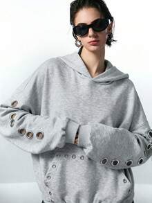 LYSMO 2025 Nueva sudadera minimalista de moda de otoño para mujer con ojetes de metal, sudadera oversize de otoño e invierno de color gris claro, sudadera estilo Y2K, moda grunge y punk, ropa Y2K para conjuntos, ropa de calle y estilo de Estocolmo, disfraces de Halloween