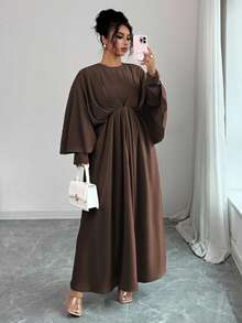 Roveilla Váy maxi dáng chữ A tay cánh dơi cổ tròn 2 trong 1 viền bèo nhún eo thanh lịch, sang trọng, cỡ lớn dành cho nữ, thích hợp mặc đi làm, đi biển, lễ hội âm nhạc, trà chiều, derby, đua thuyền, màu trơn, mùa xuân/hè - Màu nâu Sô-cô-la - Xem 4