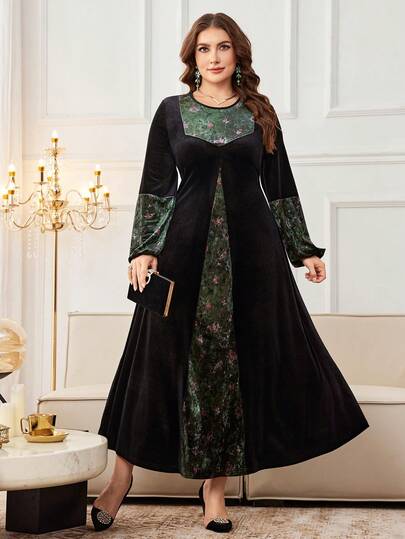 Al Najma Plus Size Women Arabic Velvet Contrast Color Print Long Sleeve Dress