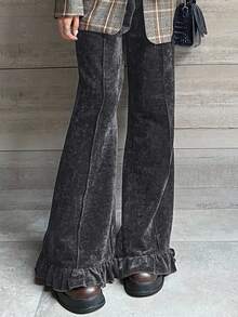 FRIFUL 女式松紧腰天鹅绒拼布花卉下摆长裤 - 灰色 - 查看 3