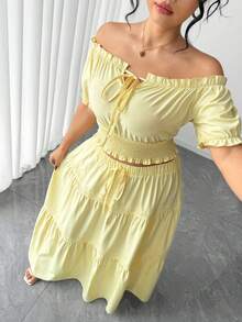 Elenzga Plus Size Women's Elegant Youthful Versatile Fitted Puff Sleeve Bow Waist Flared Hem 2-Piece Skirt Set, Suitable For Vacation, Casual, Commute, Date