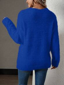 EMERY ROSE Women's Navy Blue V-Neck Simple Versatile Knit Sweater - Blue - View 2